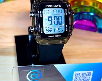 Pindows zwarte holografische mod diamant-sterren transparant jaargang. waterdicht sporthorloge alarm, stopwatch, countdown.