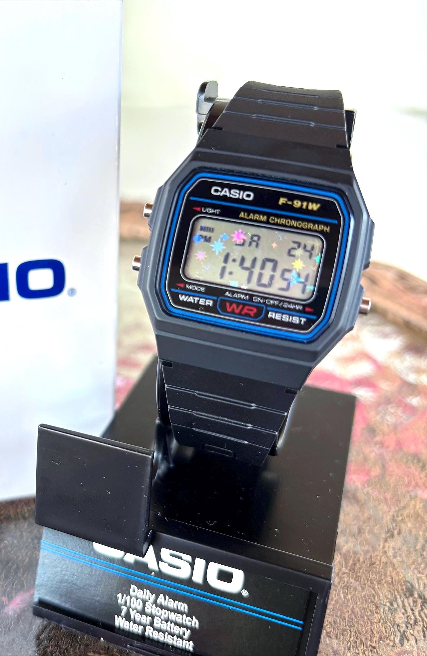 Black Casio F-91W Holographic Stars Screen Water Resist
