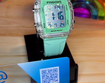 Pindows mintgroen holografische mod diamant-sterren transparant jaargang. waterdicht sporthorloge alarm, stopwatch, countdown.