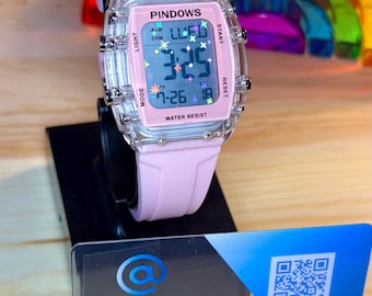 Pindows roze holografische mod diamant-sterren transparant jaartal. waterdicht sporthorloge alarm, stopwatch, countdown.
