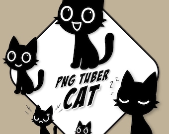 Black Cat PNGTuber Avatar: Chibi Kawaii Kitty (Digital Download, 12 Files + Veadomini File)