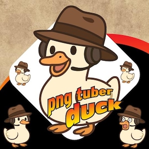 May include: A cartoon duck wearing a brown fedora hat and headset, with the text "png tuber duck" in orange and yellow. The duck is cream-colored with an orange beak and feet. Smaller versions of the duck are in the corners.