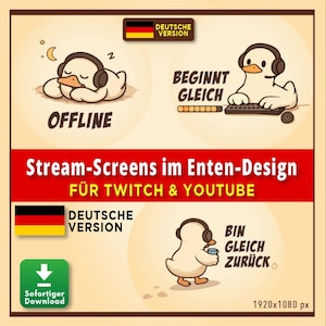 Può includere: Grafica digitale con un'anatra dei cartoni animati con le cuffie in tre pose diverse. Il testo include "OFFLINE", "BEGINNT GLEICH" e "BIN GLEICH ZURÜCK". La grafica include anche il testo "Stream-Screens im Enten-Design FÜR TWITCH & YOUTUBE".