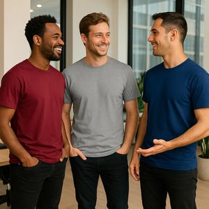 May include: Three men standing in a room, smiling and looking at each other. The man on the left is wearing a maroon t-shirt, the man in the middle is wearing a gray t-shirt, and the man on the right is wearing a navy blue t-shirt.