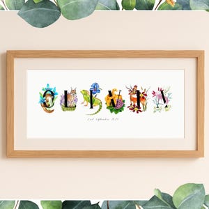 Nome personalizzato ad acquerello, nome del bambino, decorazioni per la cameretta del bambino, regalo di nascita personalizzato, regalo di battesimo, animali, fiori
