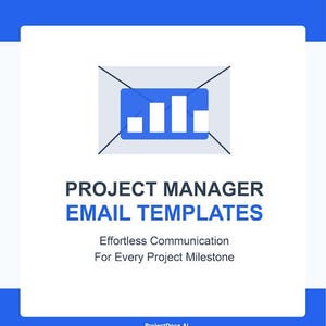 May include: Blue and white graphic of an email with a bar graph inside. Text reads "Project Manager Email Templates. Effortless Communication For Every Project Milestone. ProjectDocs.AI"