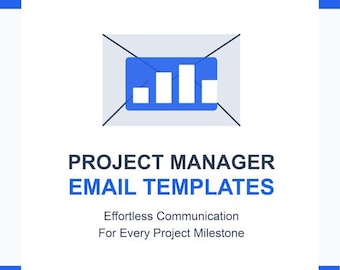 May include: Blue and white graphic of an email with a bar graph inside. Text reads "Project Manager Email Templates. Effortless Communication For Every Project Milestone. ProjectDocs.AI"