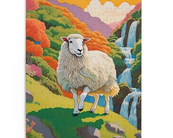 May include: A colorful jigsaw puzzle featuring a cartoon sheep standing on a grassy hill. The background includes waterfalls, trees with orange and green foliage, and a purple and orange sky. The puzzle is a fun activity for all ages.