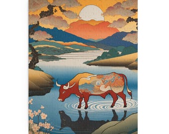 May include: A jigsaw puzzle featuring an illustration of a red and orange bull standing in water, with a mountain and sunset backdrop. The puzzle has a landscape orientation and is made of cardboard.