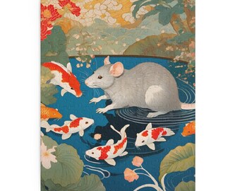 May include: A jigsaw puzzle featuring a serene scene with a gray rat near a pond filled with koi fish. The puzzle has a blue water background with floral and foliage elements, creating a tranquil, artistic design.