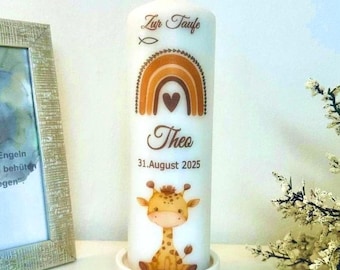 Taufkerze Regenbogen mit Giraffe braun&orange personalisiert 25x8 |Name,Datum,Taufspruch|Kerze Taufe Geschenk Junge-Mädchen|Safari Tiermotiv