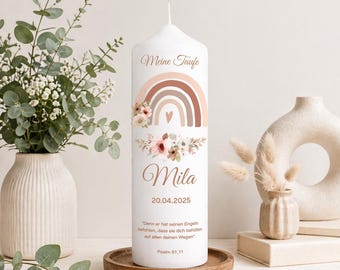 Taufkerze Regenbogen mit Blume|Florale Farbe Rosa für Mädchen  mit Taufspruch, personalisierte Kerze,bedruckte Kerze zur Taufe ,Taufgeschenk