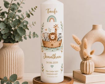 Personalized Noah's Ark Christening Candle 25 x 8 cm | Boy Green Gold Beige with Name Date Christening Verse Ark Animals Rainbow | Christening Gift
