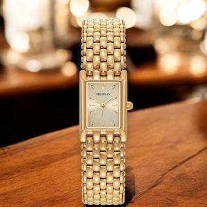 Luxury Square Gold Women&#39;s Watch – BERNY Stainless Steel Quartz Wristwatch – Elegant Minimalist Gift for Her.