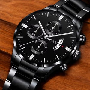 Personalized Black Chronograph Watch | Custom Engraved Watch for Men | Anniversary Gift | Groomsmen Gift | Birthday or Father’s Day Gift.