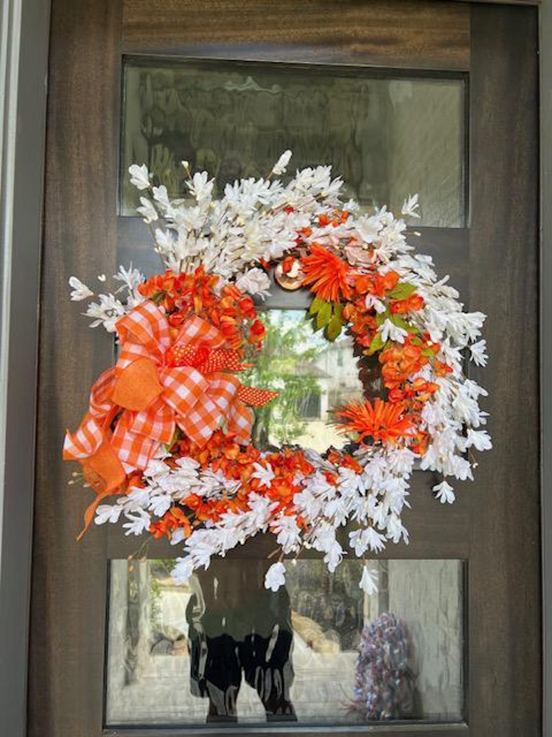 Citrus Cheer! White & Orange Fall Wreath With Gingham Bow – Handmade ...