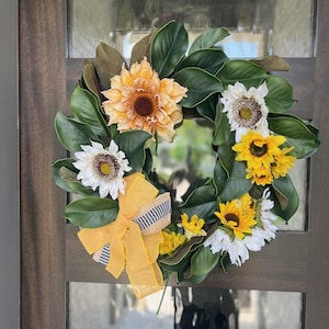 Sunflower and Magnolia Leaf Wreath for Front Door with Yellow Bow Summer and Spring Decor