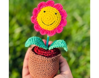 Handmade Crochet Smiling Sunflower in Pot – 6" Cute Home Decor | Cheerful Gift for Desk, Office, or Nursery