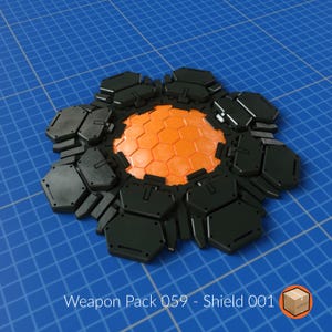 May include: A black and orange shield-shaped object with a hexagonal pattern in the center. The shield is composed of multiple black hexagonal pieces surrounding an orange center. The text "Weapon Pack 059 - Shield 001" is visible.