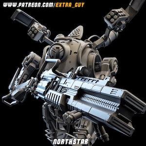 May include: A detailed, grey 3D-printed model of a futuristic robot with a large gun. The robot has multiple mechanical arms and a complex design. The text "NORTHSTAR" is visible at the bottom. The website address "www.patreon.com/EXTRA_GUY" is at the top.