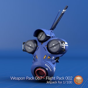 Puede incluir: Un Weapon Pack 067 - Flight Pack 002 azul y negro para modelos a escala 1/100. El jetpack tiene tres componentes circulares, una boquilla roja y una etiqueta de advertencia. El texto "WARNING" es visible en el lateral. La imagen tiene un fondo azul.