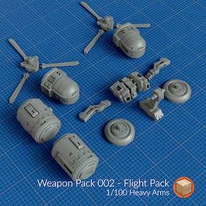 May include: A collection of gray plastic model kit parts, including cylindrical components, articulated arms, and circular pieces, arranged on a blue grid surface. The text "Weapon Pack 002 - Flight Pack" is visible.