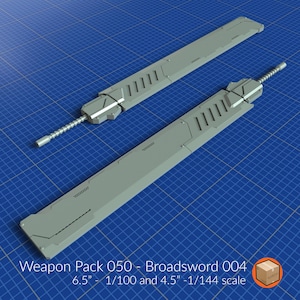 May include: Two gray broadswords, part of Weapon Pack 050, are displayed on a blue grid surface. The larger sword is 6.5 inches long, and the smaller one is 4.5 inches long. The text "Weapon Pack 050 - Broadsword 004" is visible.