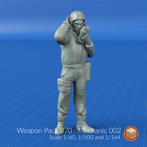 May include: A gray mechanic figurine wearing a helmet and holding a radio. The figurine is wearing a jumpsuit with a belt, pockets, and boots. The text "Weapon Pack 070 - Mechanic 002" is visible.