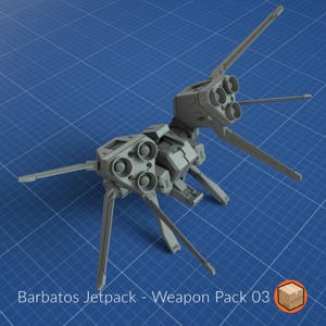 May include: A grey plastic model jetpack with multiple exhaust ports and wing-like extensions. The text "Barbatos Jetpack - Weapon Pack 03" is visible. The model is set against a blue grid background, typical of technical drawings.