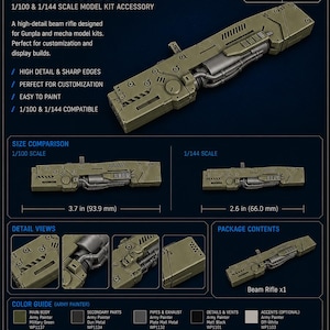 May include: A high-detail Beam Rifle model kit accessory, designed for Gunpla and mecha model kits. The olive-green rifle is 3.7 inches (93.9 mm) long in 1/100 scale and 2.6 inches (66.0 mm) in 1/144 scale. Includes detailed views and color guide.