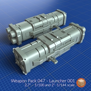May include: Two gray, futuristic launcher models with detailed paneling and multiple barrel configurations. The text "Weapon Pack 047 - Launcher 001" is visible, along with size specifications of 2.7 inches and 2 inches.