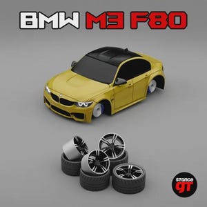 May include: A yellow BMW M3 F80 model car with a black roof and a set of four black and silver wheels. The car is missing its wheels. The text "BMW M3 F80" is at the top of the image.