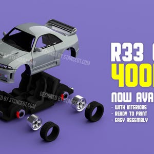 May include: A 3D model of an R33 GTR 400R car, disassembled, with the body, interior, wheels, and tires separated. The model is silver and black, with text that reads "NOW AVAILABLE" and "READY TO PRINT".