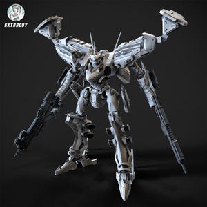 May include: A detailed, light gray and white model of a bipedal robot with large weapons. The robot has a complex design with multiple articulated joints, panels, and weapons. The image includes the text "EXTRAGUY" in the upper left corner.