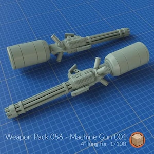 May include: Two grey machine guns, each with a cylindrical barrel and a large cylindrical magazine. The weapons are approximately 10 cm long and are set against a blue grid background. Text at the bottom reads "Weapon Pack 056 - Machine Gun 001 4" long for 1/100".