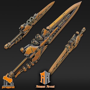 May include: A detailed 3D printed model of a futuristic sword with intricate mechanical details. The sword is made of a gold-colored material and has a sharp blade. The model is pre-supported for easy printing.