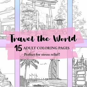 Travel Landmarks Adult Coloring Pages – 15 Printable Pages – Stress Relief Art for Adults – Instant Download – Easy to Color