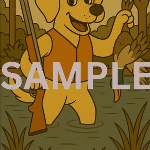 Yellow Lab Duck Hunting Cartoon Print, Mid-Century Style Labrador Wall Art, Hunting Lodge Decor, Funny Duck Hunter Gift
