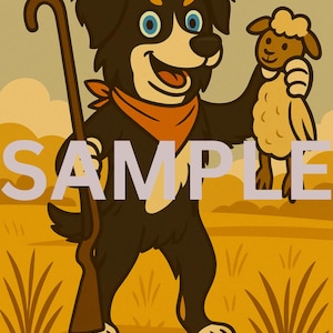 Impresión de dibujos animados de pastor australiano tricolor negro, arte mural vintage de pastor australiano, decoración de perro pastor, regalo de granja para amantes de los perros.