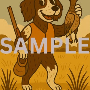 English Springer Spaniel Hunting Cartoon Print, Mid-Century Style Bird Dog Wall Art, Upland Hunting Decor, Funny Pheasant Hunter Gift