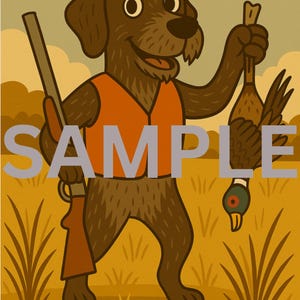Puede incluir: Una ilustración de dibujos animados de un perro marrón que lleva un chaleco de caza naranja y sostiene una escopeta y un pato muerto. El perro está de pie en un campo de hierba alta.