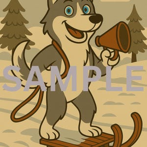 Gray&WhiteHusky Cartoon Print with Sled Reins, Vintage Style Winter Dog Art, Funny Snow Dog Wall Art, Blue-Eyed Husky Gift, Printable Decor