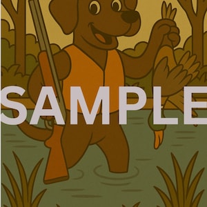 Chocolate Lab Duck Hunting Cartoon Print, Mid-Century Style Labrador Wall Art, Hunting Lodge Decor, Funny Duck Hunter Gift