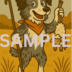 Impresión de dibujos animados de pastor australiano Blue Merle, arte de pared de estilo vintage, decoración de perro pastor, regalo de granja para amantes de los perros.