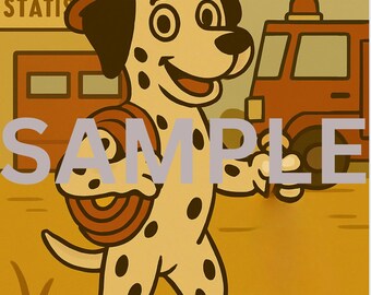 Dalmatian Firefighter Cartoon Print, Vintage Style Fire Dog Wall Art, Fire Station Decor, Printable Dog Art Gift