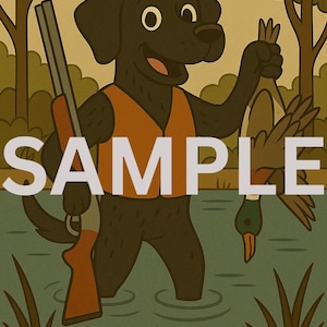 Black Lab Duck Hunting Cartoon Print, Mid-Century Style Labrador Wall Art, Hunting Lodge Decor, Funny Duck Hunter Gift