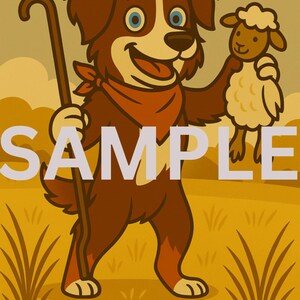 Impresión de dibujos animados de pastor australiano rojo tricolor, arte mural vintage de pastor australiano, decoración de perro pastor, regalo de granja para amantes de los perros.