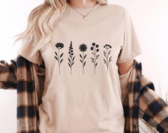 Comfort Colors Wildflower T-Shirt: Minimalist Botanical Line Art