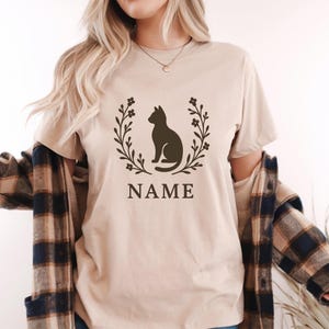 Comfort Colors® Personalized Cat Silhouette T-Shirt Logo, Floral Wreath & Name Custom Pet Tee