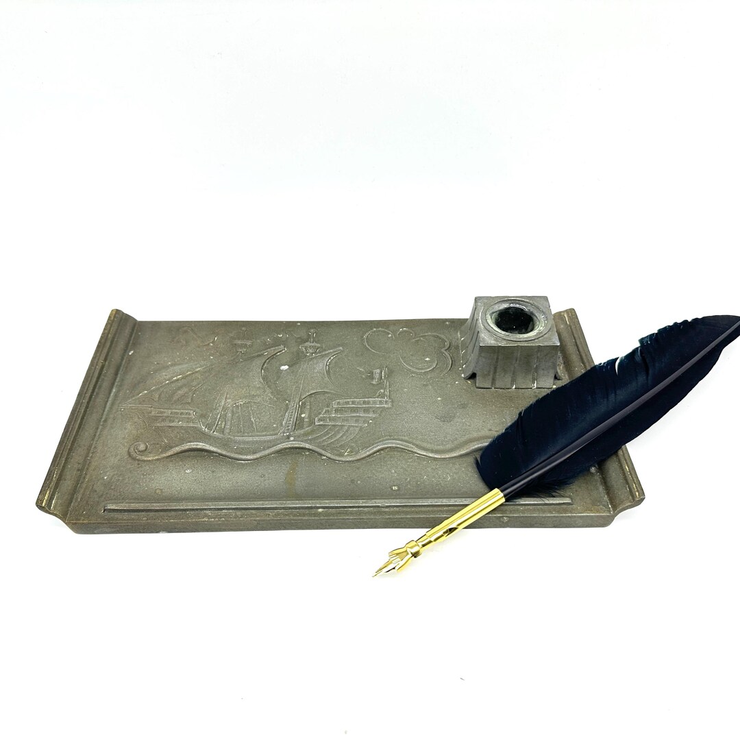 Antique Inkwell Tray, Nautical Ship Ink Stand, Metal Desk Set ...
